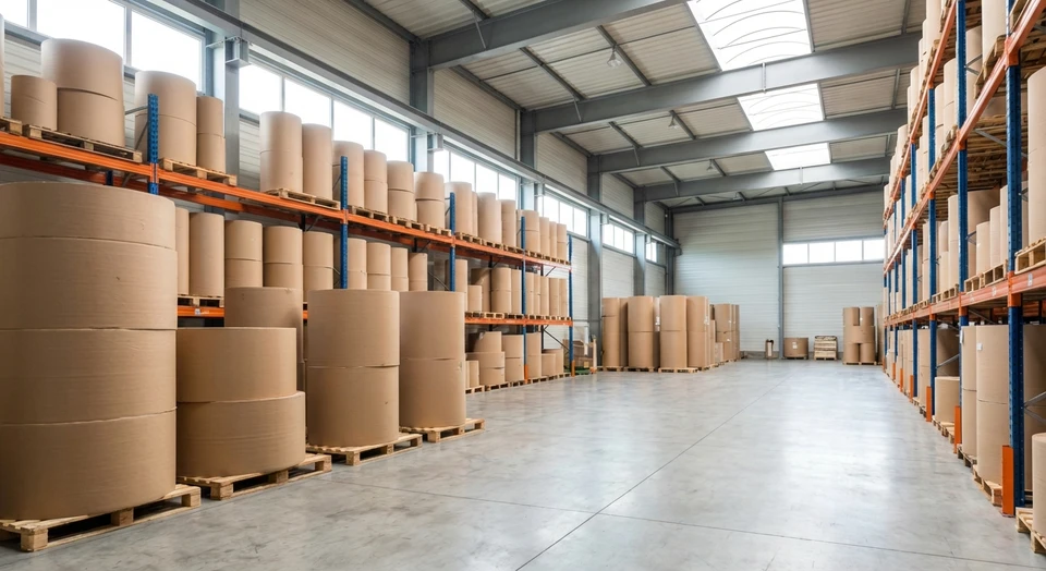 Photographie d'un entrep&ocirc;t ou d'une zone de stockage professionnel moderne montrant des bobines et rouleaux de papier carton brut empil&eacute;s ou stock&eacute;s en hauteur sur des racks industriels. L'image doit transmettre un sentiment de s&eacute;rieux, de qualit&eacute; et de gestion efficace des mati&egrave;res premi&egrave;res. L'&eacute;clairage doit &ecirc;tre naturel ou professionnel. Aucun texte, logo ou personne visible. Le cadrage doit valoriser le volume et l'organisation du stock.