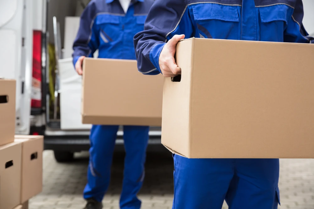 Deux livreurs en uniformes bleus transportent des colis en carton ondulé devant un véhicule utilitaire blanc