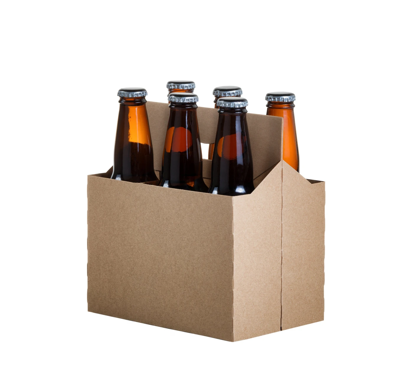 Six bouteilles de bière artisanale en verre ambré dans un carton de transport kraft