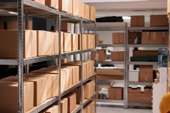 Emballages de marchandises pos&eacute;s sur des racks d'entrep&ocirc;t, en attente de transport dans un entrep&ocirc;t vide