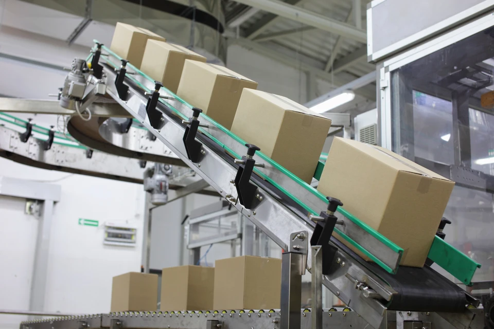 Intérieur d'usine moderne avec ligne de production automatisée transportant des cartons beiges sur convoyeur incliné à bande verte