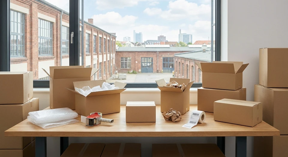 Six bouteilles de bière artisanale en verre ambré dans un carton de transport kraft