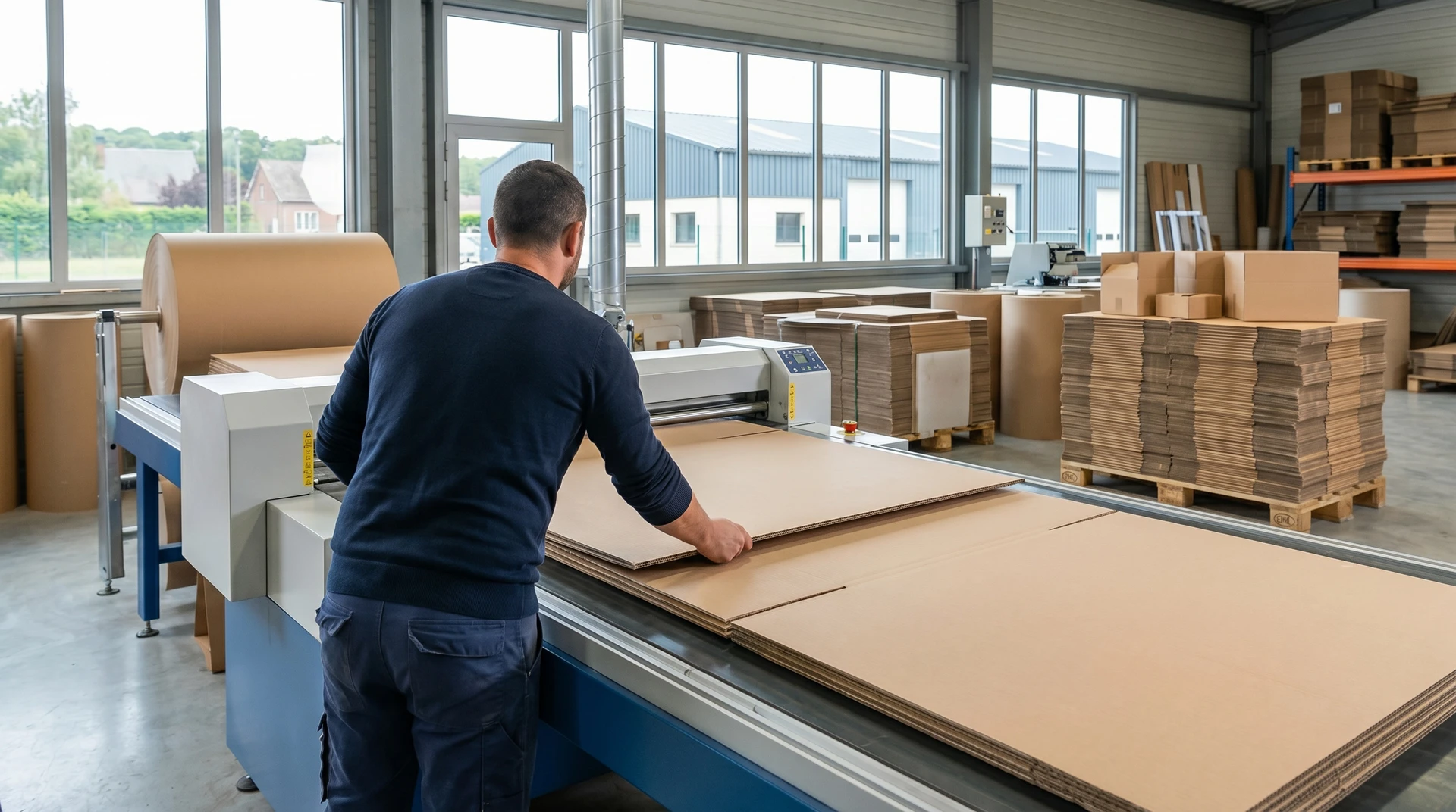 Atelier de fabrication d'emballages carton: vue d'un opérateur en train de manipuler ou de découper des feuilles de carton ondulé sur une machine de découpe-pliage industrielle, avec des rouleaux de carton ou des piles d'emballages carton finis visibles en arrière-plan. La scène doit montrer l'environnement professionnel de production, avec une ambiance de qualité et de maîtrise technique.