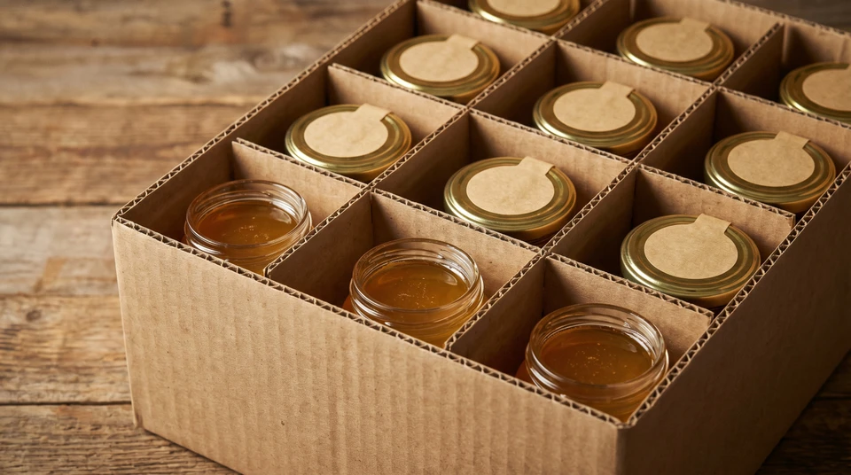 Scène d'intérieur minimaliste sur fond neutre présentant deux pots de miel artisanal, l'un fermé avec couvercle noir, l'autre ouvert révélant l'intérieur vide