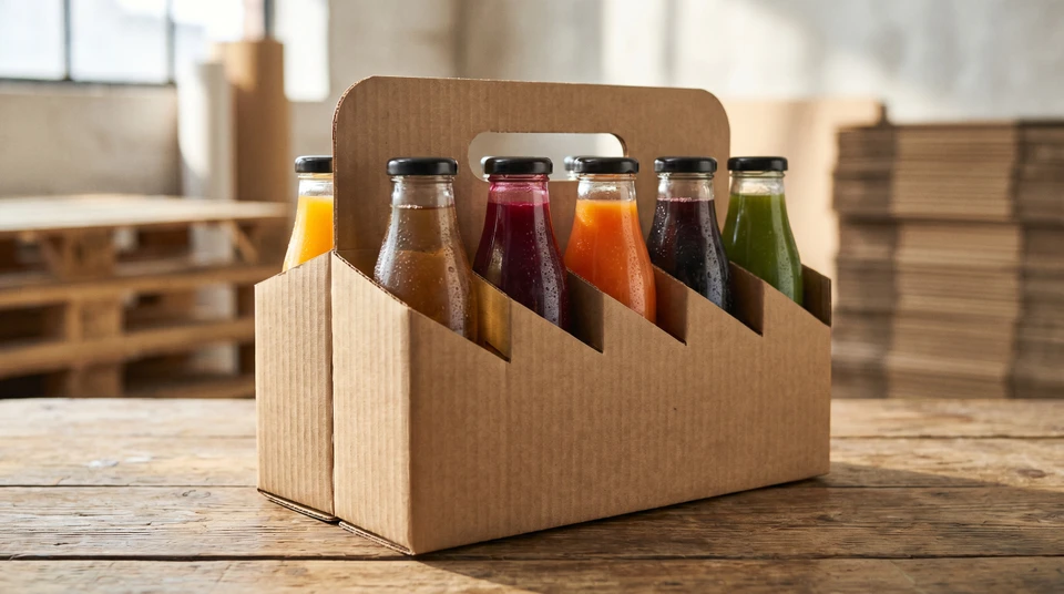 Six bouteilles de bière artisanale en verre ambré dans un carton de transport kraft