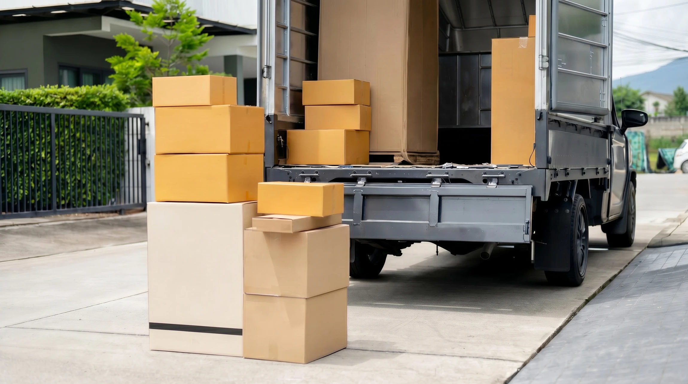 Déchargement de colis par deux livreurs en uniformes bleus devant camionnette de livraison blanche